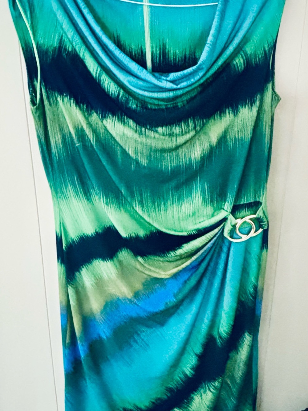 Tahari Teal and Green Cowl Neck Midi Dress